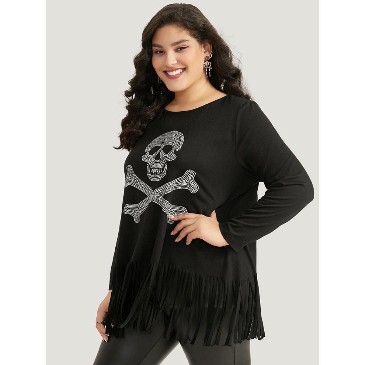 Plus Size Halloween Skull Rhinestone Fringe Trim T-shirt Black Women Casual Tassels Halloween Festival-Halloween T-shirts BloomChic 18-20/2X Product Image