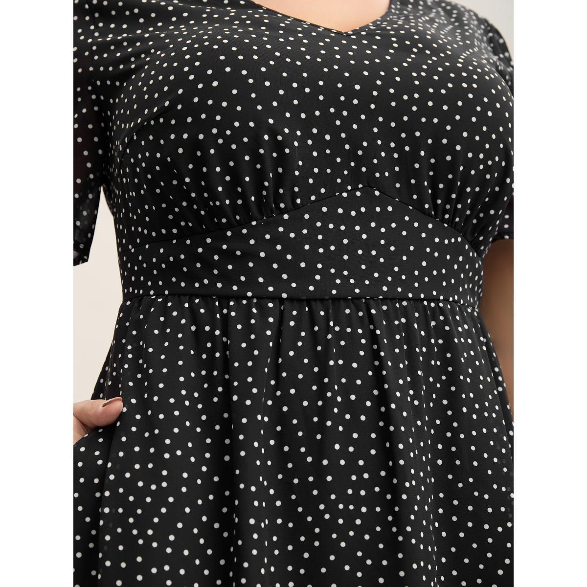 Plus Size Dot Print Stretchy Waist Chiffon Midi Dress Black Women V-neck Short sleeve Curvy BloomChic 18-20/2X Product Image