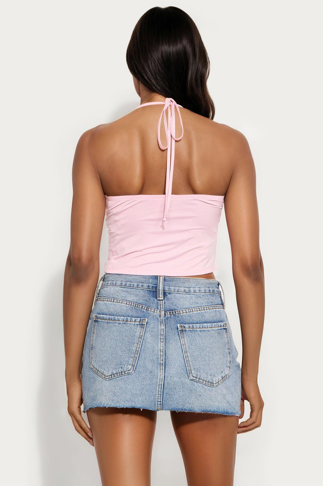 Zadie Flyaway Rhinestone Halter Top - Pink Product Image