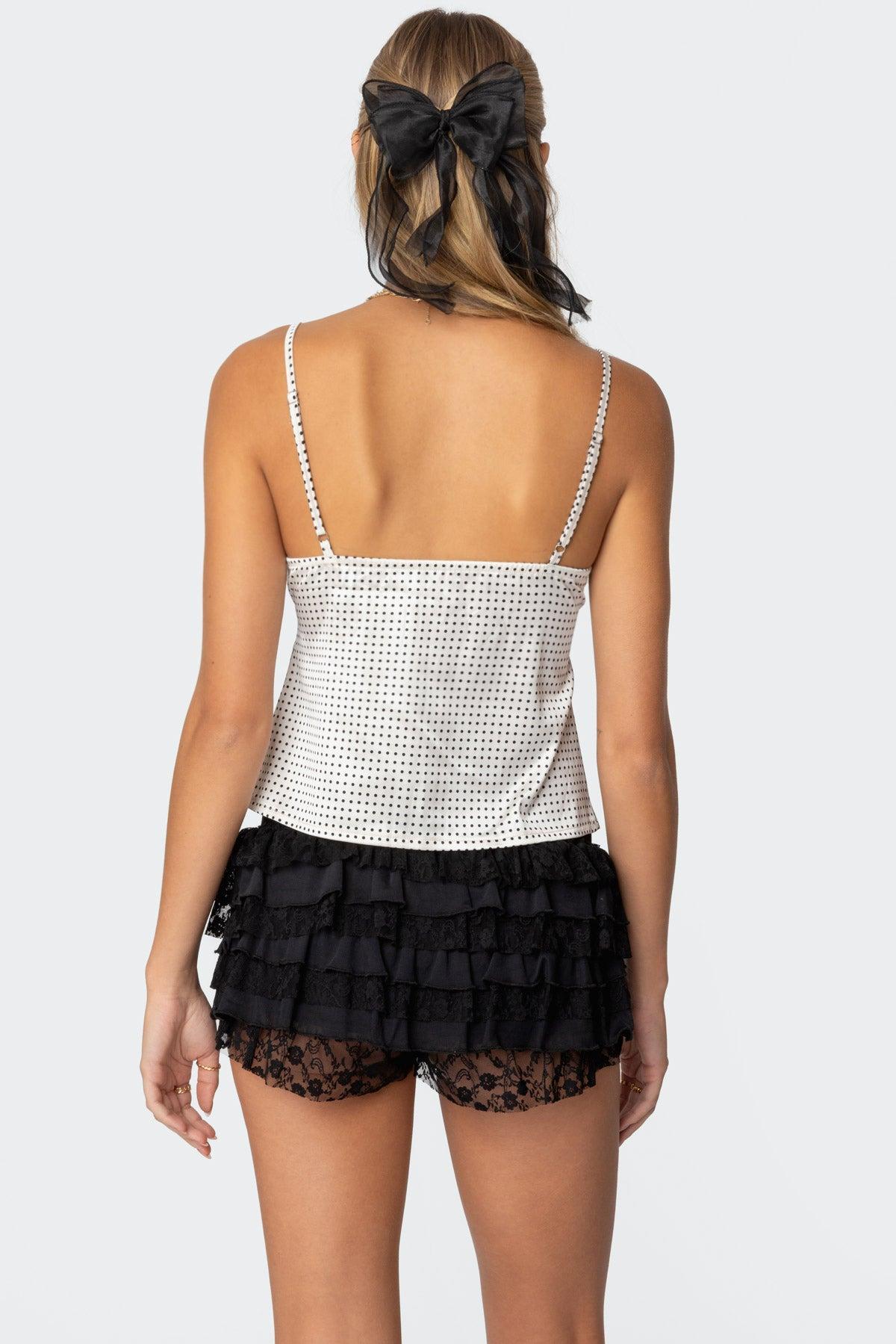 Polka Dot Satin Effect Lace Trim Top Product Image