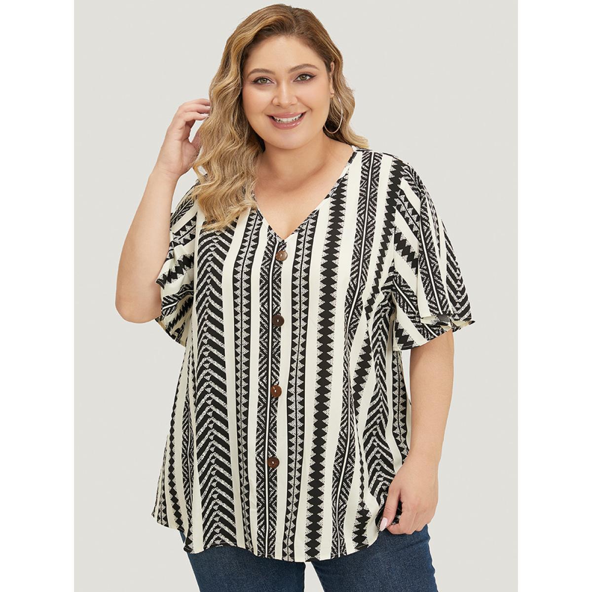 Plus Size White Geometric Print Ruffle Sleeve Button Detail Blouse Women Vacation Short sleeve V-neck Dailywear Blouses BloomChic 26/4X Product Image