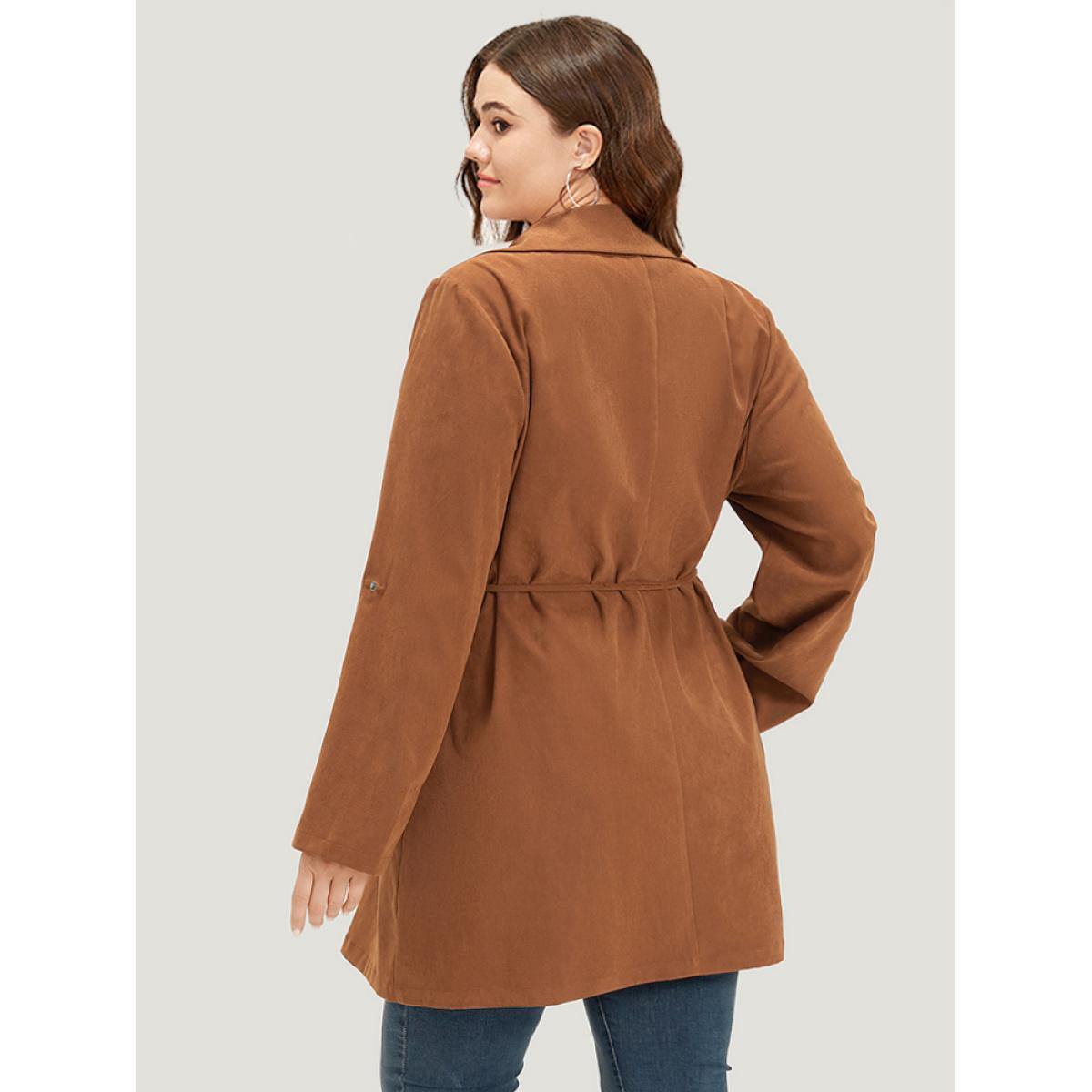 Plus Size Plain Corduroy Belted Bowknot Roll Tab Sleeve Coat Women Bronze Casual Plain Ladies Dailywear Winter Coats BloomChic 26/4X Product Image