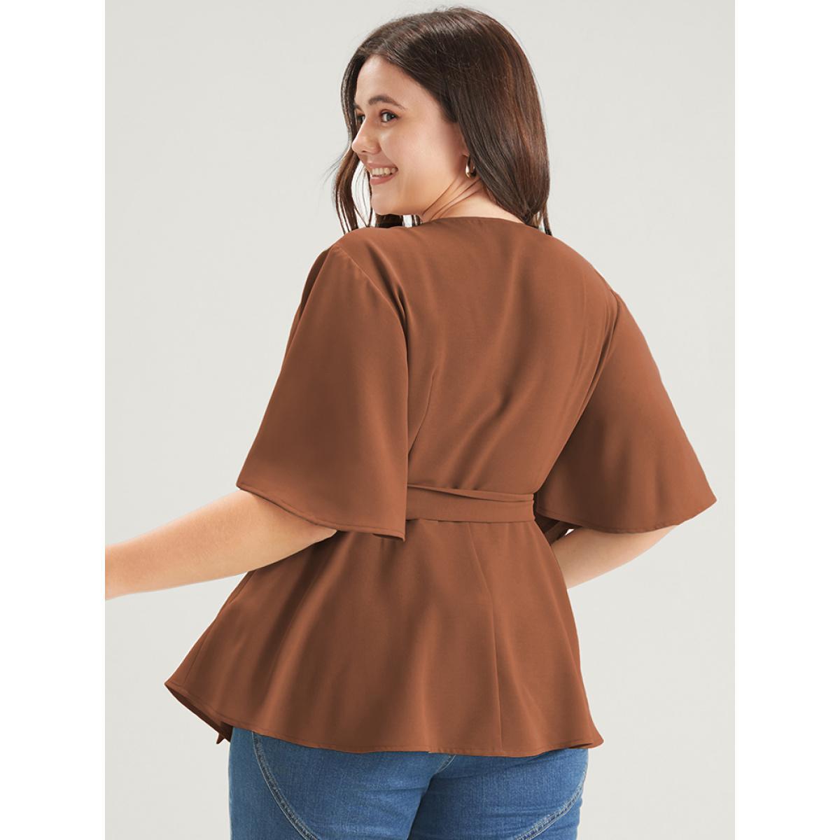 Plus Size Chocolate Plain Ruffles Button Belted Wrap Babydoll Blouse Women Elegant Short sleeve V-neck Dailywear Blouses BloomChic 12/L Product Image