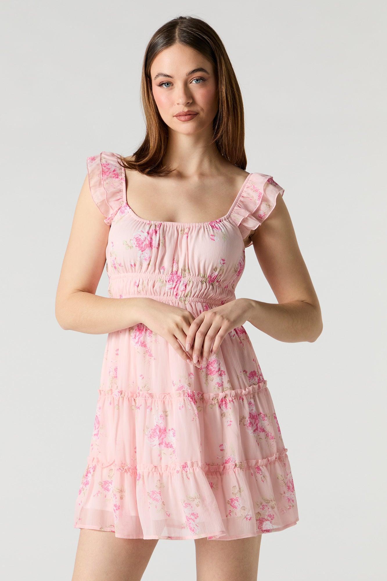 Chiffon Tiered Flutter Sleeve Mini Dress Female Product Image
