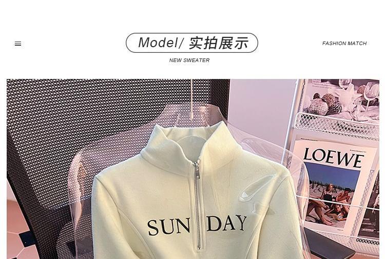 Mock Two-Piece Long-Sleeve Half Zip Lettering Polo-Neck Sweatshirt Product Image