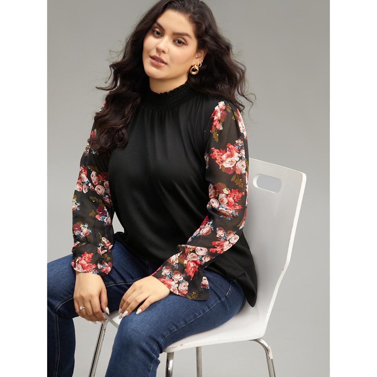 Plus Size Chiffon Floral Patchwork Shirred Mock Neck T-shirt Black Women Casual Elastic cuffs Floral Mock Neck Dailywear T-shirts BloomChic 30/6X Product Image