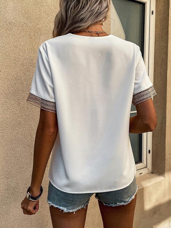 Casual Loose Lace Split-Joint V-Neck T-Shirts Tops Product Image
