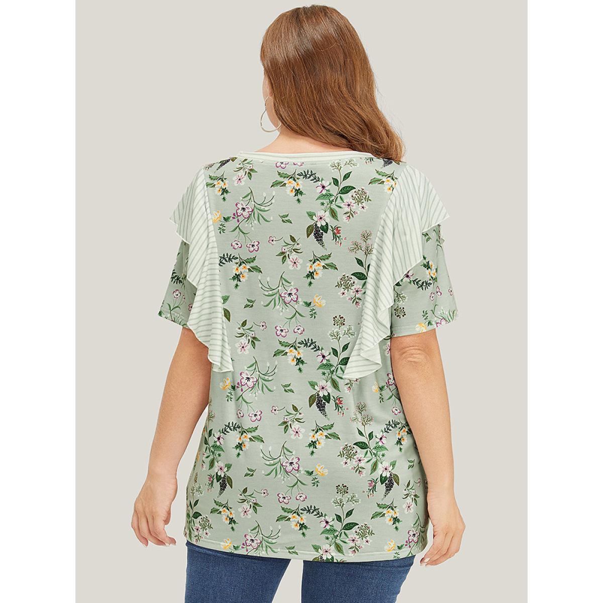 Plus Size Floral Patchwork Round Neck Striped Ruffle Trim T-shirt SpringGreen Women Elegant Striped Round Neck Dailywear T-shirts BloomChic 30/6X Product Image