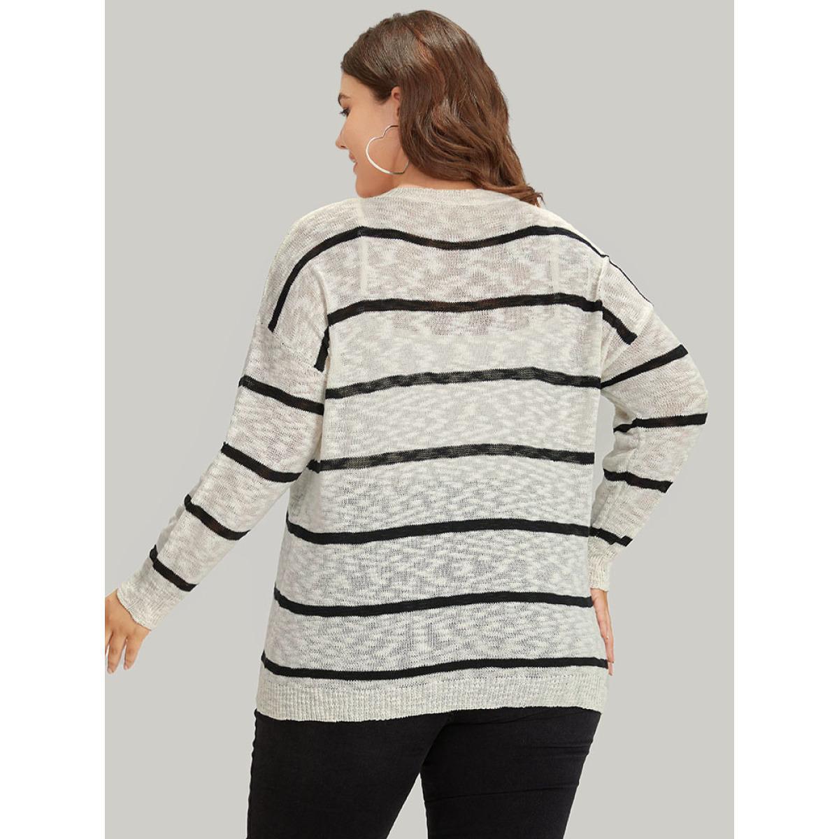 Plus Size Striped Drop Shoulder Lightweight Loose Pullover Beige Women Casual Loose Long Sleeve Round Neck Everyday Pullovers BloomChic 26/4X Product Image