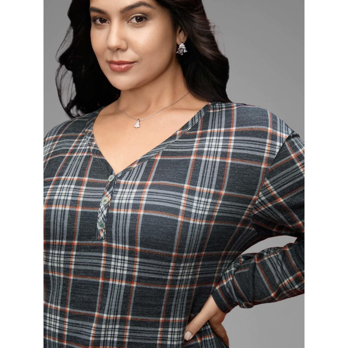 Plus Size Plaid V-neck Full Sleeves Slim-Fit Tee DimGray Women Casual Button V-neck Everyday T-shirts BloomChic 26/4X Product Image