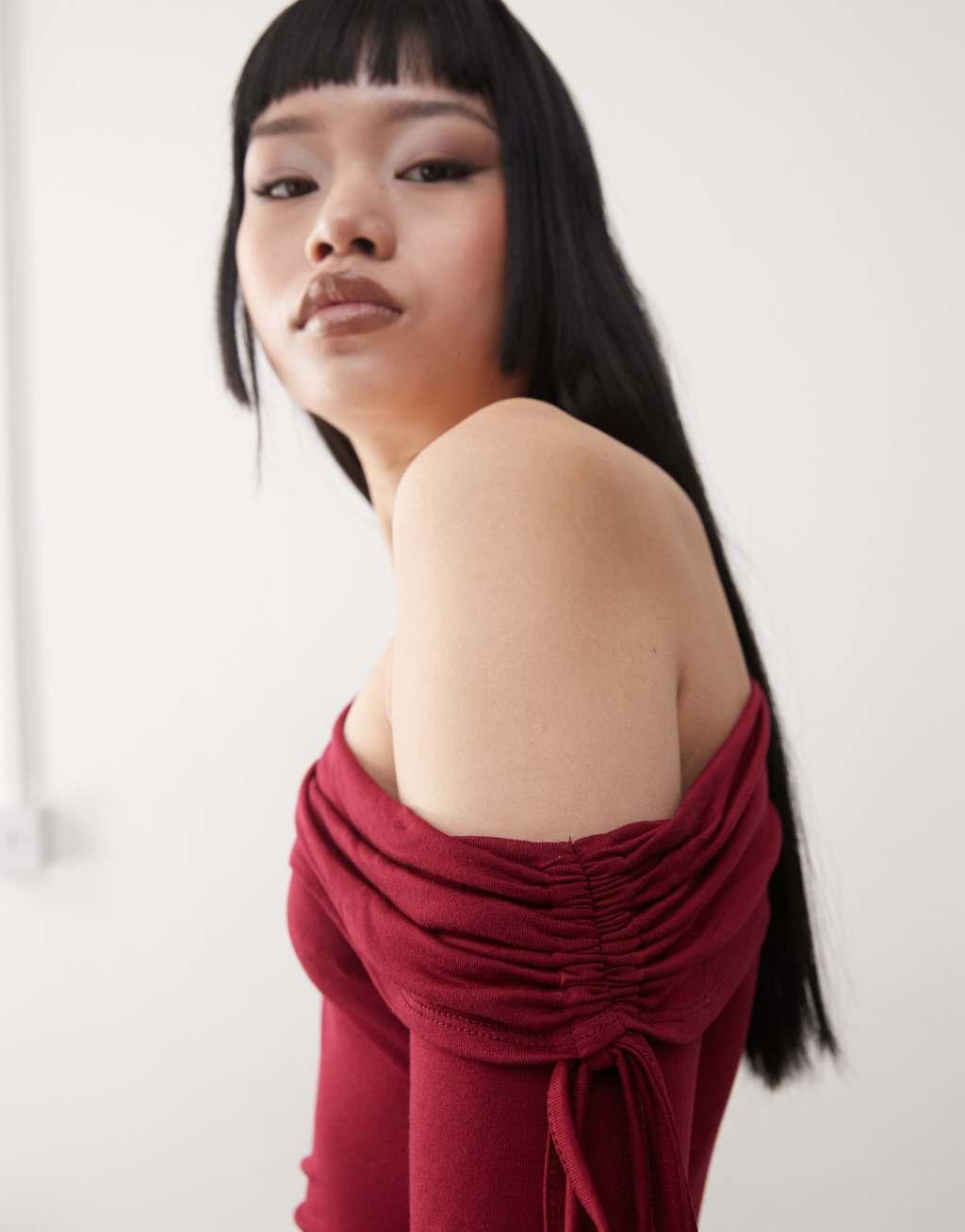 COLLUSION off-shoulder long sleeve mini dress in wine Product Image