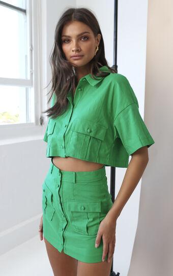Navine Two Piece Set - Button Front Crop Top and Cargo Pocket Mini Skirt Set in Green Product Image
