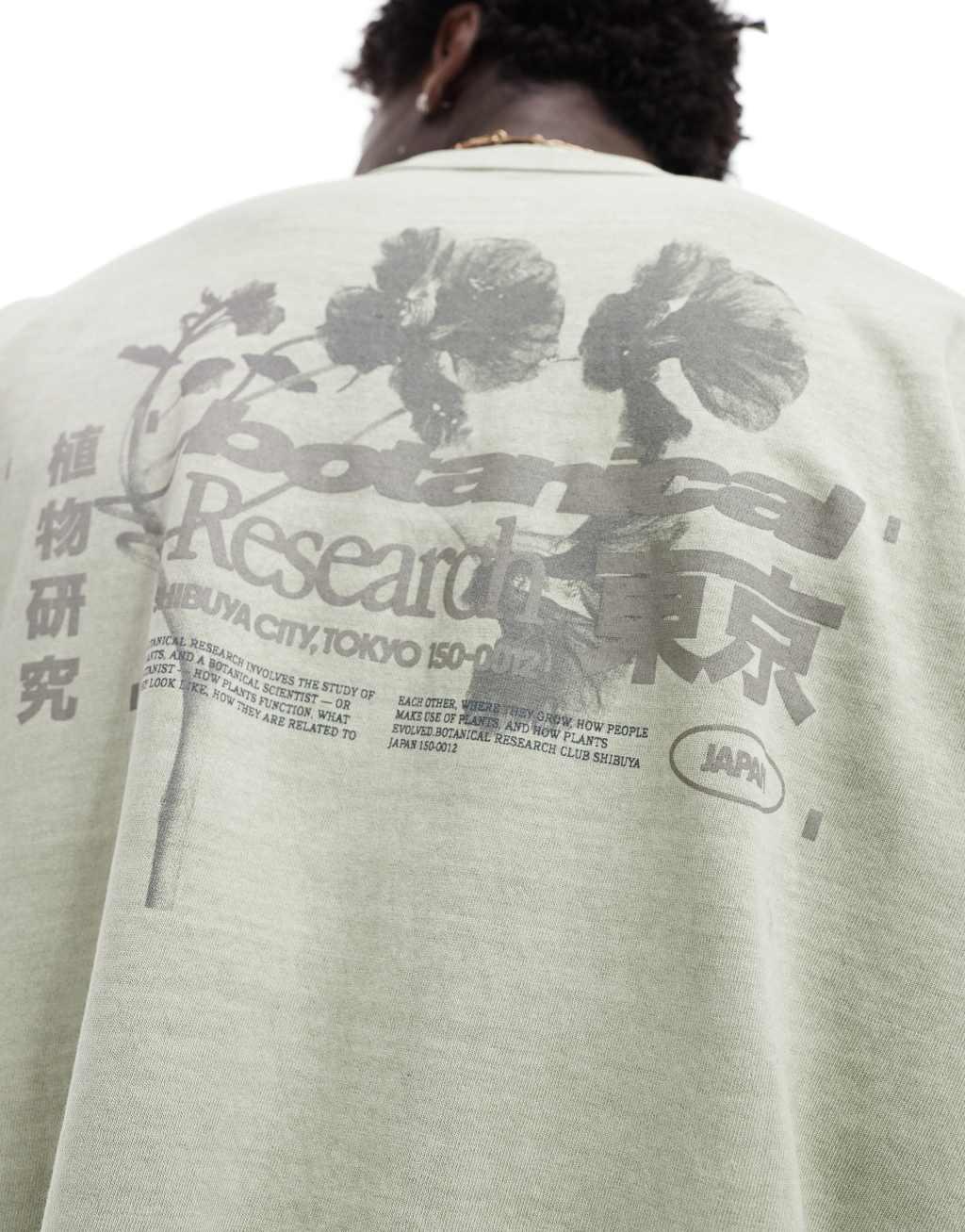 ASOS DESIGN oversized t-shirt in washed green fabric with floral back print Product Image