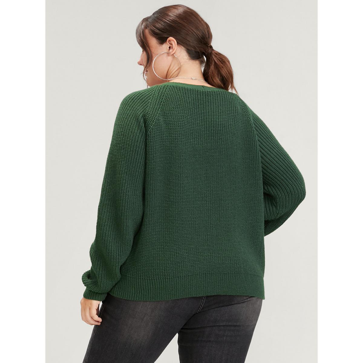 Plus Size Solid Pointelle Knit Raglan Sleeve Button Front Cardigan DarkGreen Women Elegant Loose Long Sleeve Dailywear Cardigans BloomChic 22-24/3X Product Image