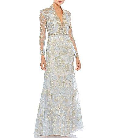 Mac Duggal Sheer Long Sleeve Deep V-Neck Applique A Product Image