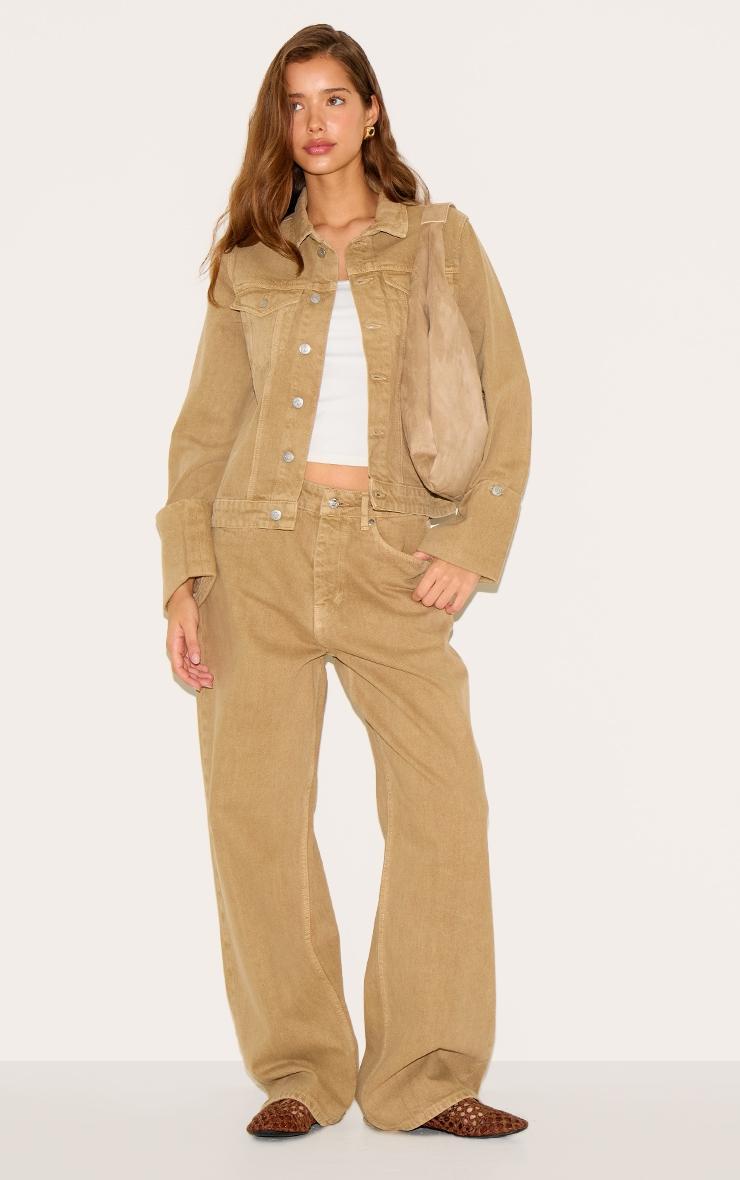  Washed Khaki Turn Up Cuff Cinched Back Denim Jacket Product Image