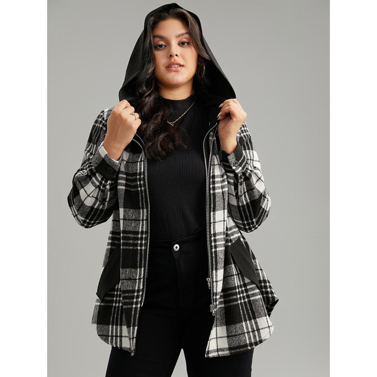 Plus Size Plaid Patchwork Zipper Contrast Hooded Jacket Women Black Contrast Pocket Everyday Jackets BloomChic 30/6X Product Image