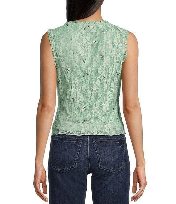 Honey & Sparkle Floral Pattern V-Neck Sleeveless Ruffle Edge Lined Lace Top Product Image