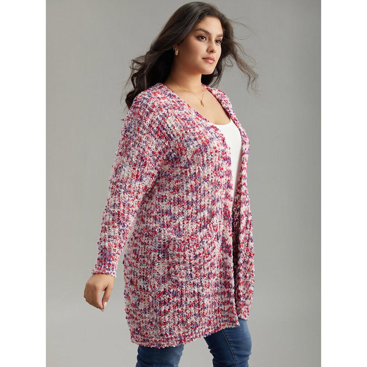 Plus Size Contrast Fuzzy Open Front Patched Pocket Cardigan Multicolor Women Casual Loose Long Sleeve Everyday Cardigans BloomChic 12/L Product Image
