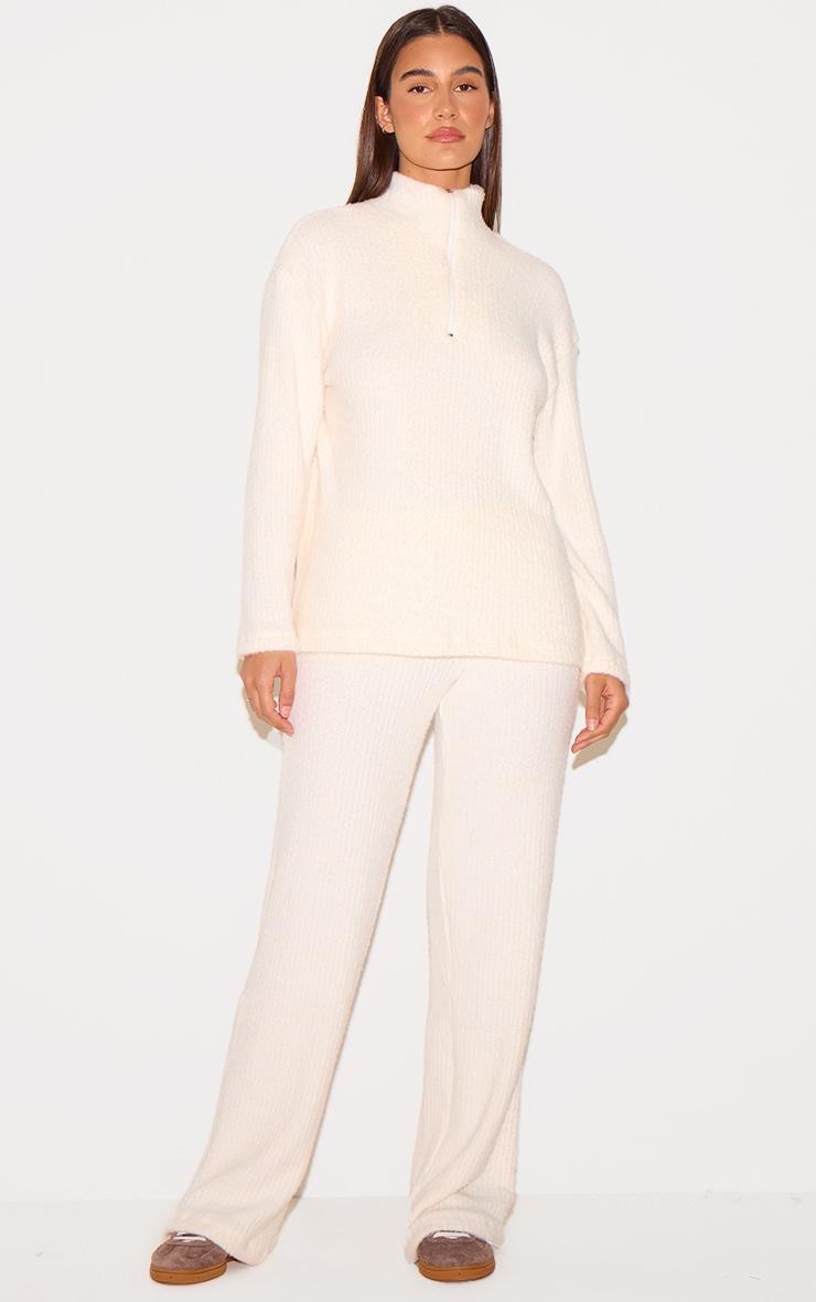 Cream Textured Soft Rib Half Zip High Neck Oversized Long Top Product Image