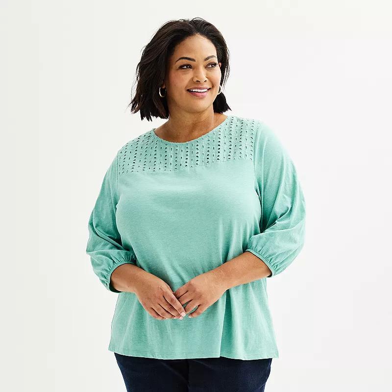 Plus Size Croft & Barrow® Eyelet Yoke 3/4-Sleeve Top, Women's, Size: 0X, Clear Blue Product Image