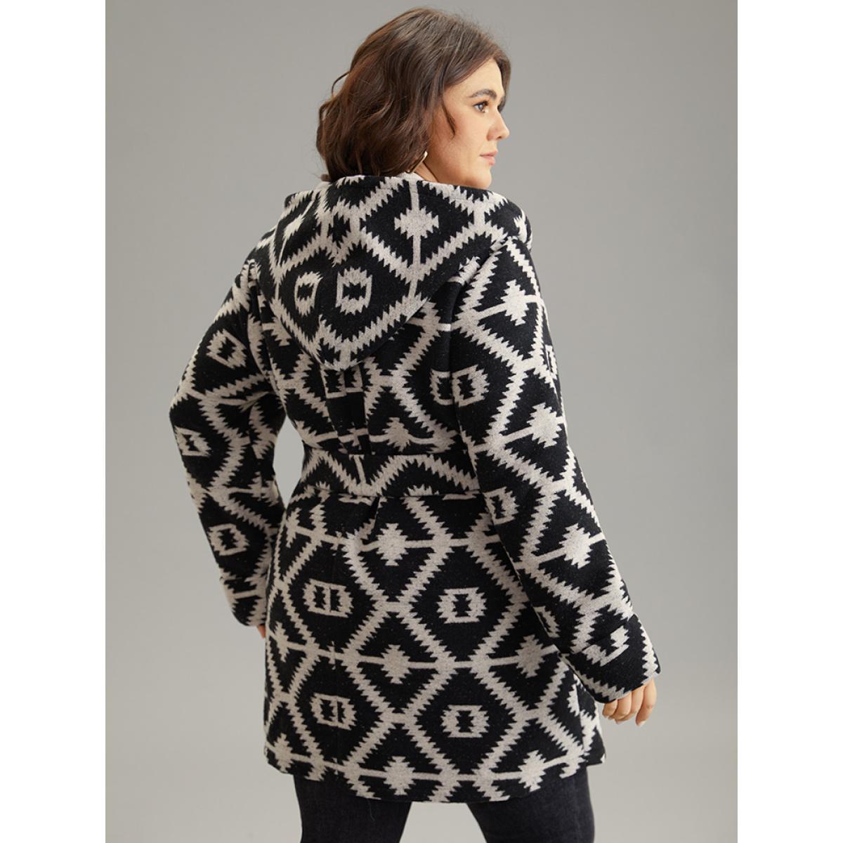 Plus Size Geometric Lapel Collar Pocket Belted Coat Women DarkGray Casual Belted Ladies Dailywear Winter Coats BloomChic 18-20/2X Product Image