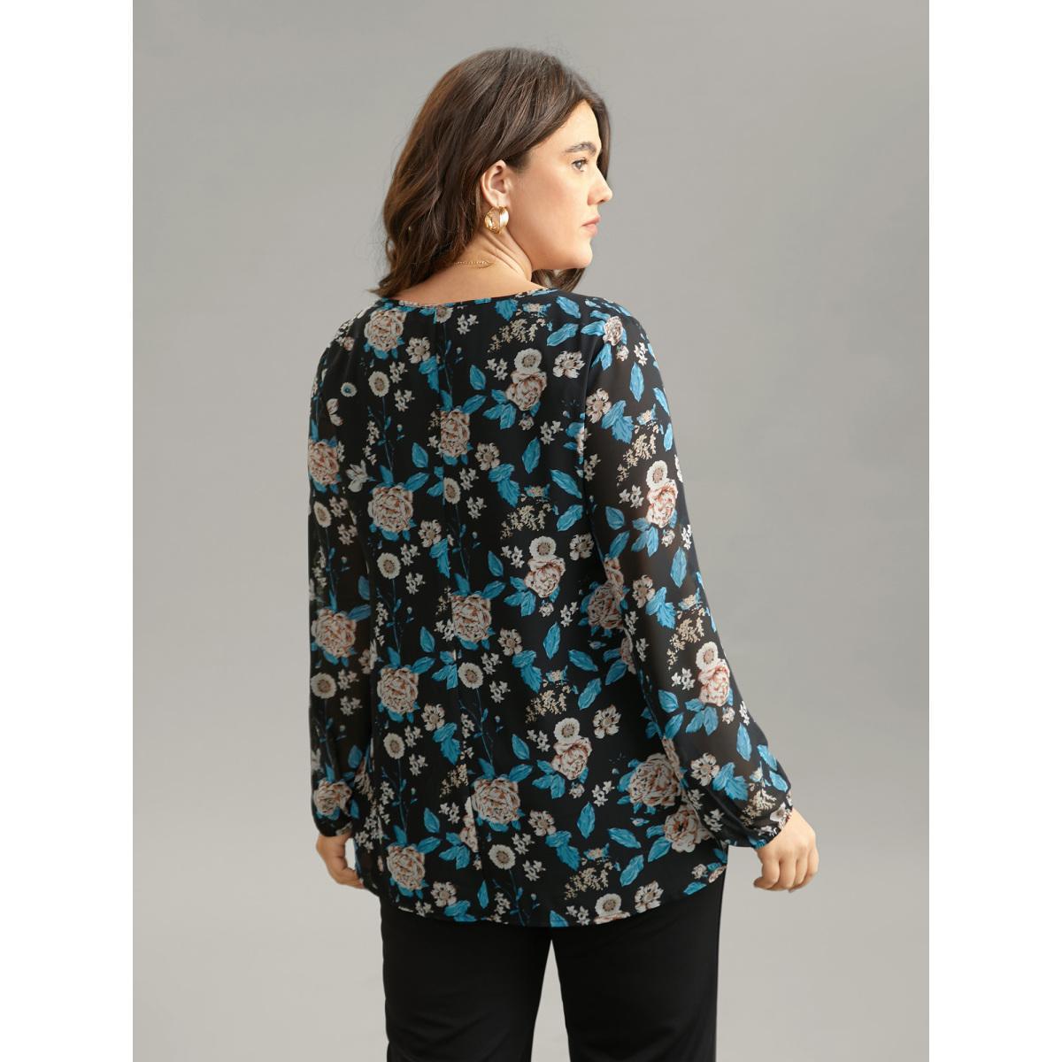 Plus Size BlackFlower Chiffon Floral Print Ties Flutter Trim Blouse Women Elegant Long Sleeve Tie Neck Work Blouses BloomChic 18-20/2X Product Image