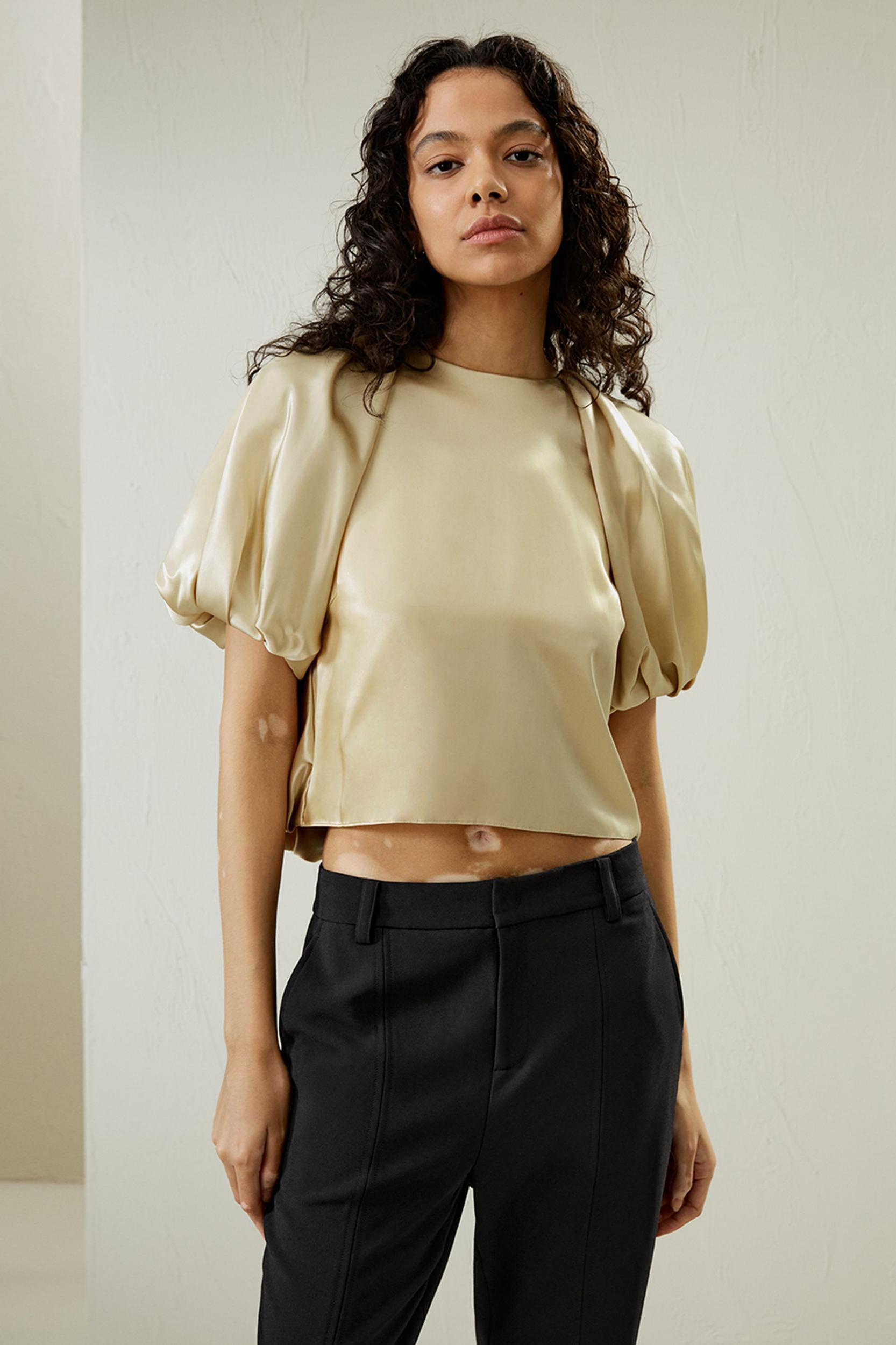 Puff Short Sleeve Watershine Silk Top Product Image