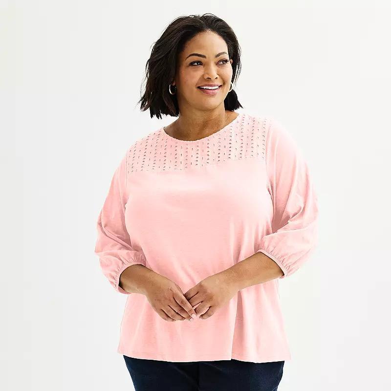 Plus Size Croft & Barrow® Eyelet Yoke 3/4-Sleeve Top, Women's, Size: 0X, Clear Blue Product Image
