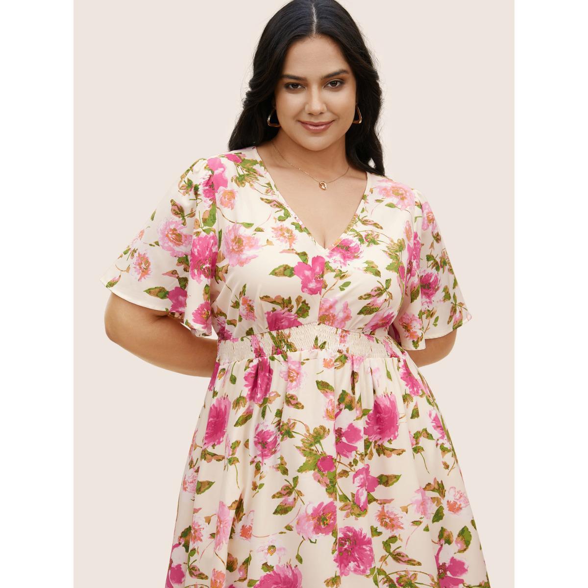 Plus Size V Neck Floral Shirred Flutter Sleeve Dress Ivory Women Elegant Shirred V-neck Short sleeve Curvy BloomChic 14-16/1X Product Image