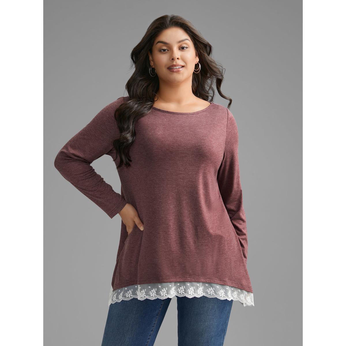 Plus Size Boat Neck Contrast Lace Panel T-shirt Deepred Women Casual Contrast Boat Neck Loose Everyday T-shirts BloomChic 14-16/1X Product Image