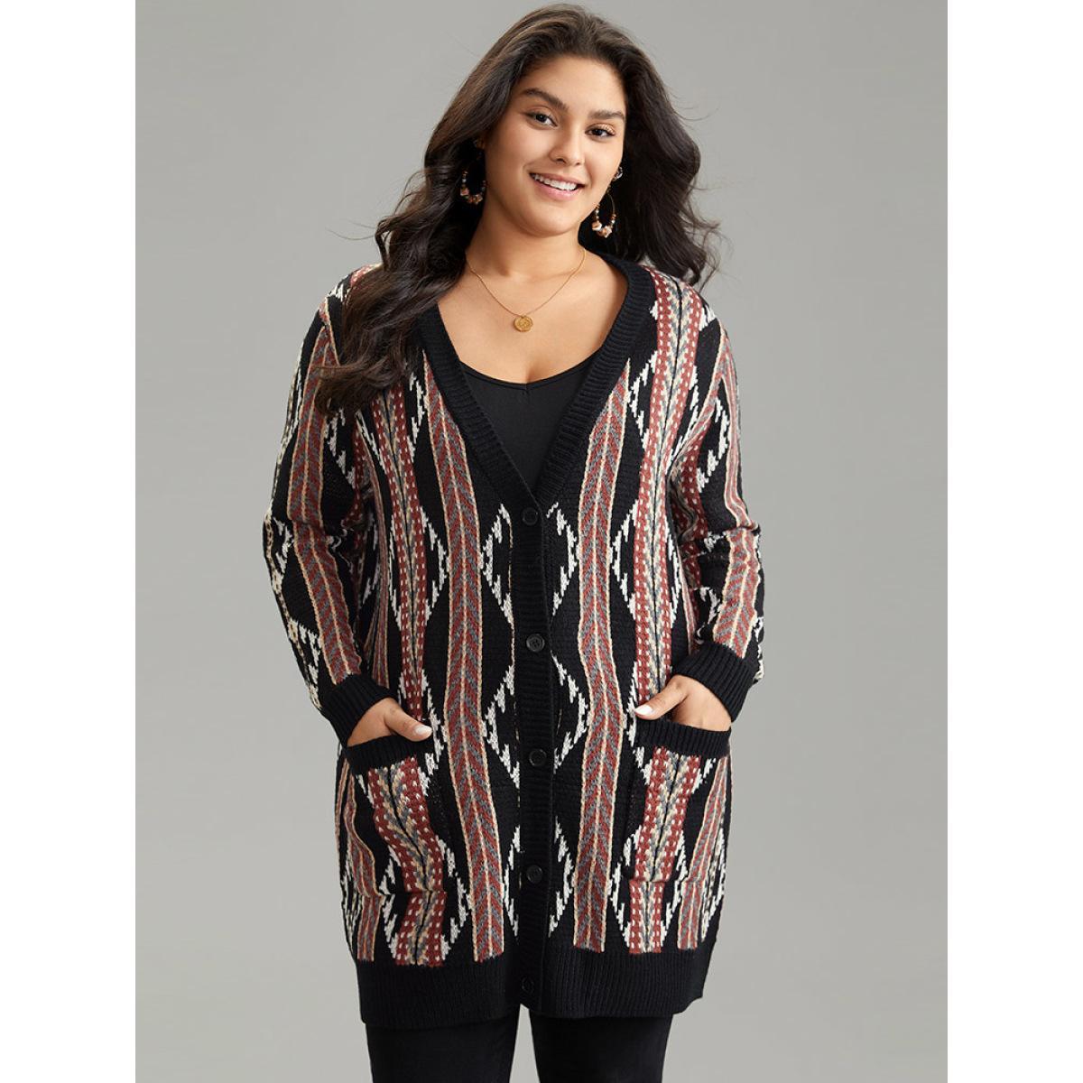 Plus Size Bandana Print Button Down Patched Pocket Tunic Cardigan Multicolor Women Casual Loose Long Sleeve Dailywear Cardigans BloomChic 30/6X Product Image