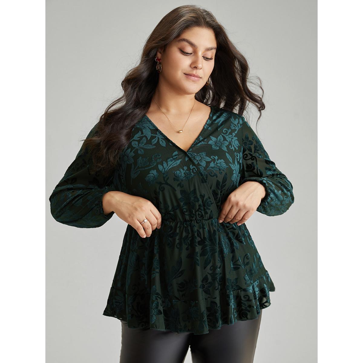 Plus Size DarkGreen Silhouette Floral Print Plain Velvet Texture Wrap Blouse Women Elegant Long Sleeve Overlap Collar Party Blouses BloomChic 30/6X Product Image