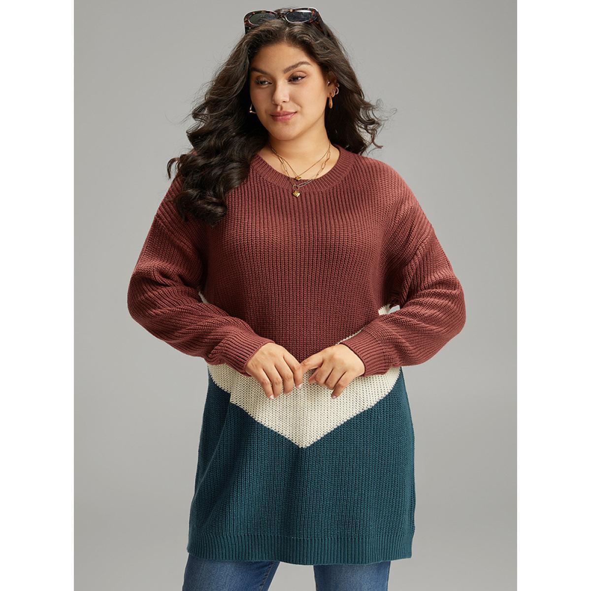 Plus Size Colorblock Contrast Elastic Cuffs Pullover Multicolor Women Casual Loose Long Sleeve Round Neck Dailywear Pullovers BloomChic 14-16/1X Product Image