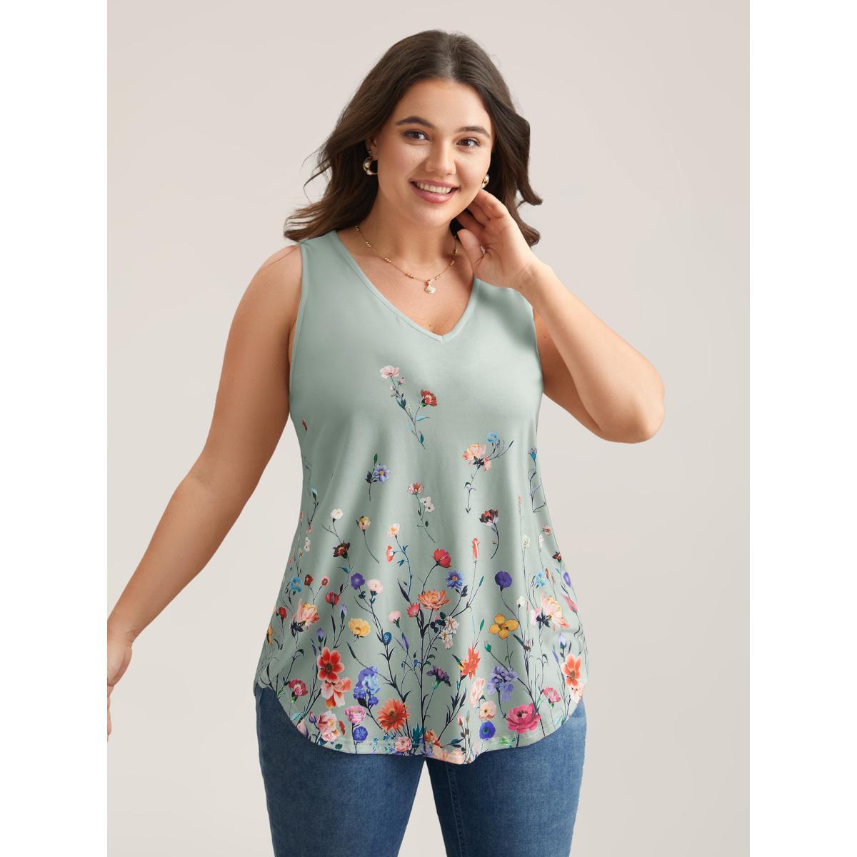 Plus Size Blooming Flowers Print Stretchy Vest Women SlateGray Elegant Non V-neck Everyday Tank Tops Camis BloomChic 18-20/2X Product Image