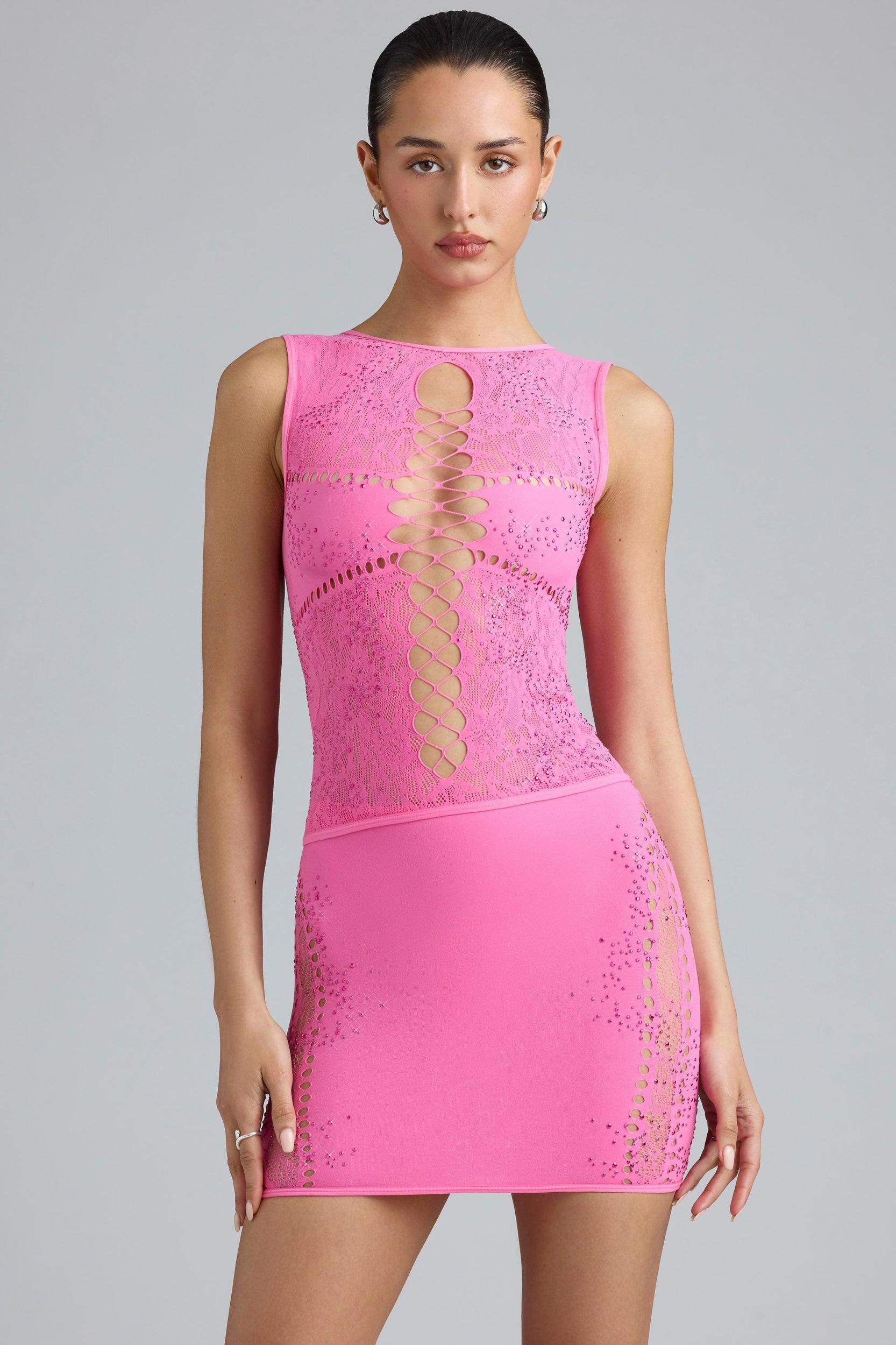 Embellished Mid-Rise Mini Skirt in Bubblegum Pink Product Image
