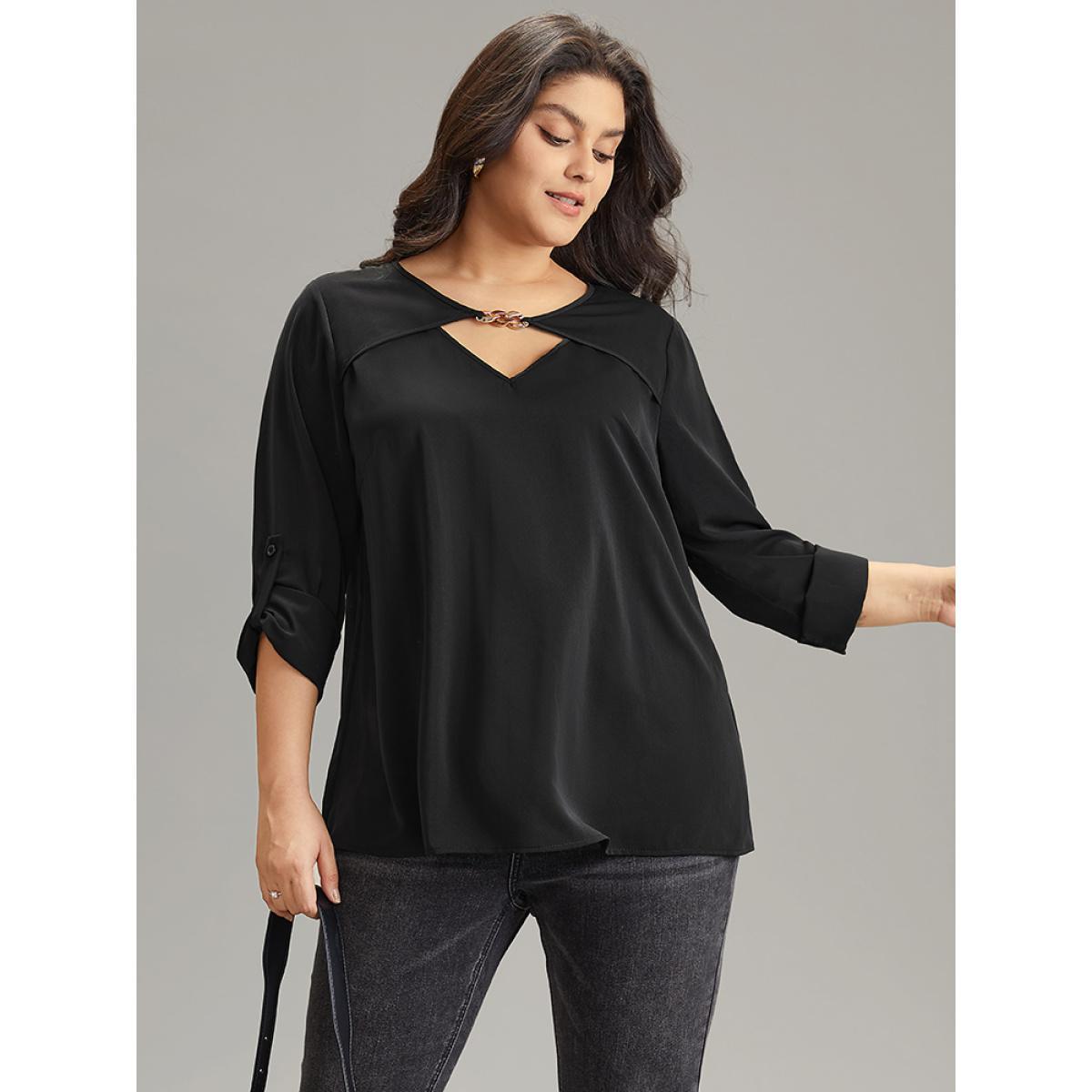 Plus Size Black Static-Free Plain Keyhole Chain Detail Blouse Women Office Long Sleeve Keyhole Cut-Out Work Blouses BloomChic 30/6X Product Image