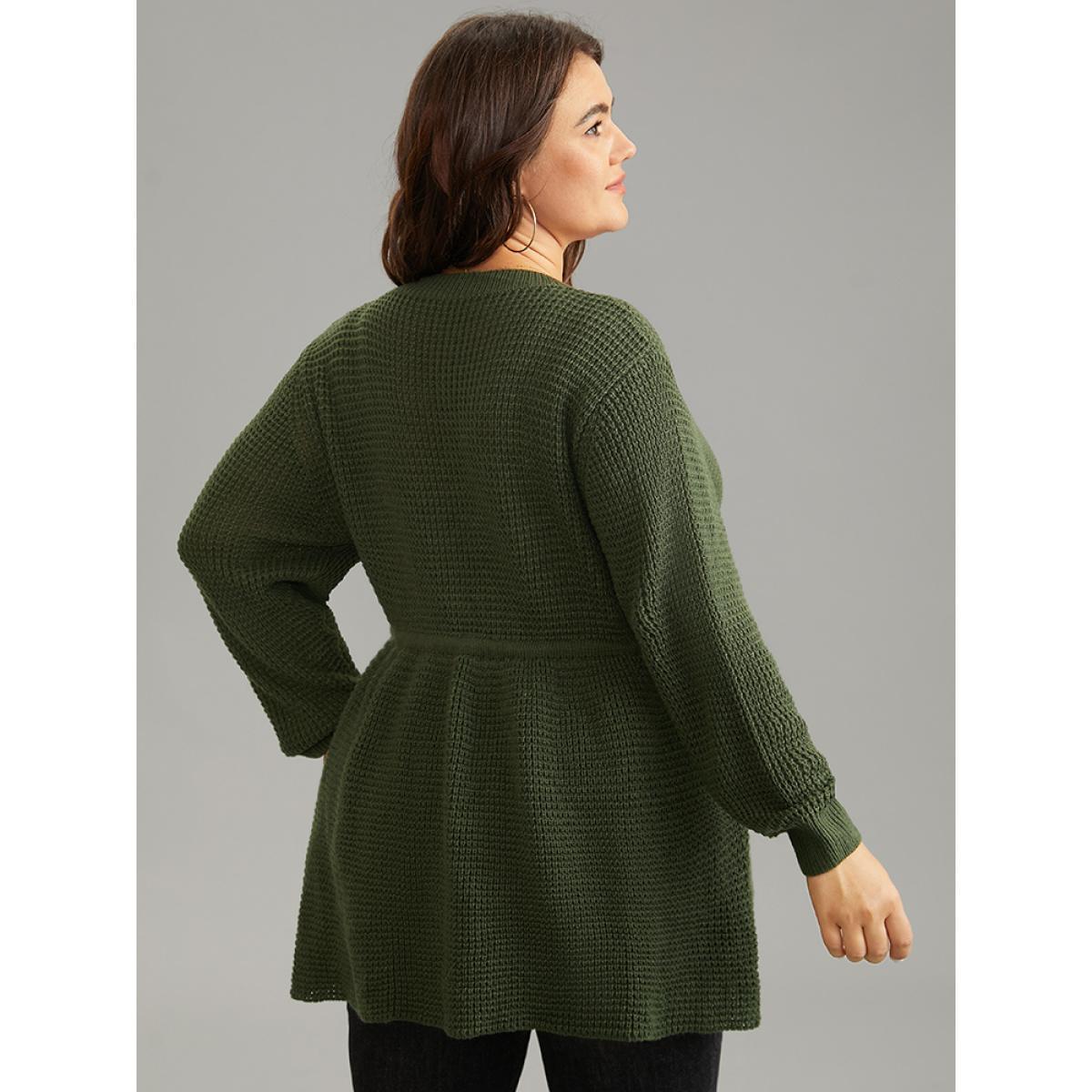 Plus Size Solid Drawstring Curved Hem Knit Pullover ArmyGreen Women Casual Long Sleeve V-neck Everyday Pullovers BloomChic 10/M Product Image