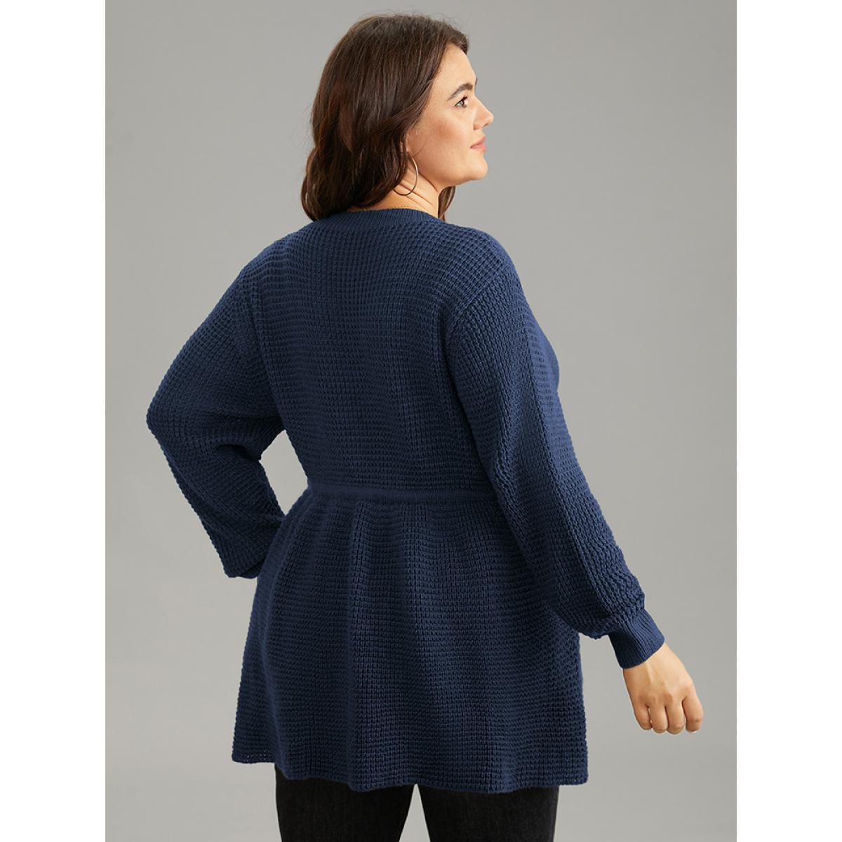 Plus Size Solid Drawstring Curved Hem Knit Pullover Midnight Women Casual Long Sleeve V-neck Everyday Pullovers BloomChic 10/M Product Image