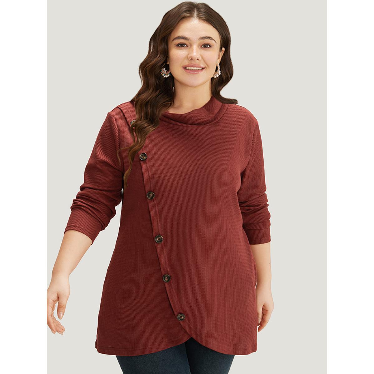 Plus Size Rib Knit Mock Neck Wrap Pocket Button Detail Sweatshirt Women Scarlet Casual Wrap Mock Neck Dailywear Sweatshirts BloomChic 12/L Product Image