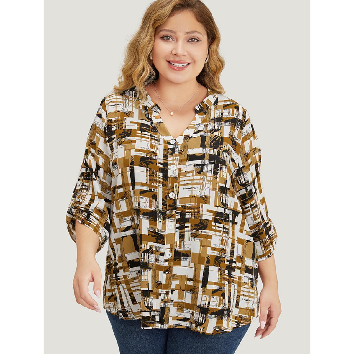Plus Size Bronze Graphic Print Notched Button Detail Cuffed Sleeve Blouse Women Office Elbow-length sleeve Notched collar Work Blouses BloomChic 30/6X Product Image