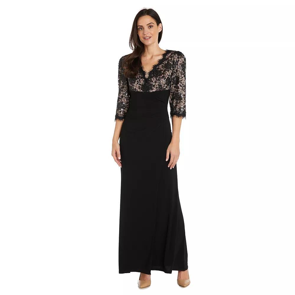 Petite R&M Richards Long 3/4 Sleeve And Lace Bodice Cocktail Dress, Womens Product Image