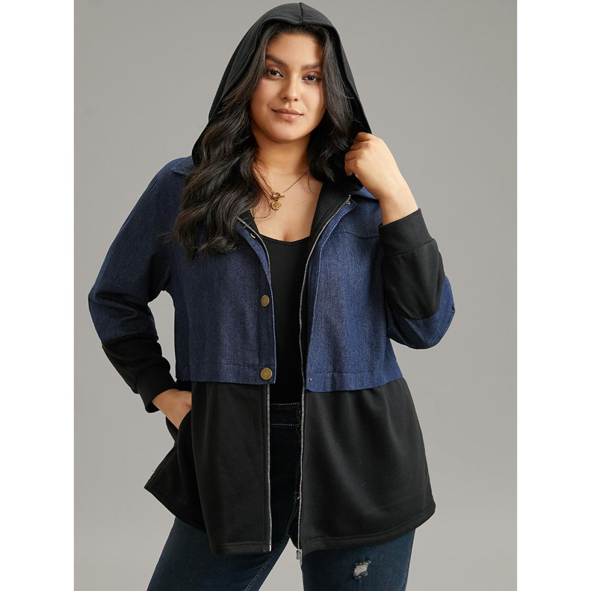 Plus Size Contrast Patchwork Button Up Pocket Zipper Coat Women Black Casual Contrast Ladies Everyday Winter Coats BloomChic 30/6X Product Image