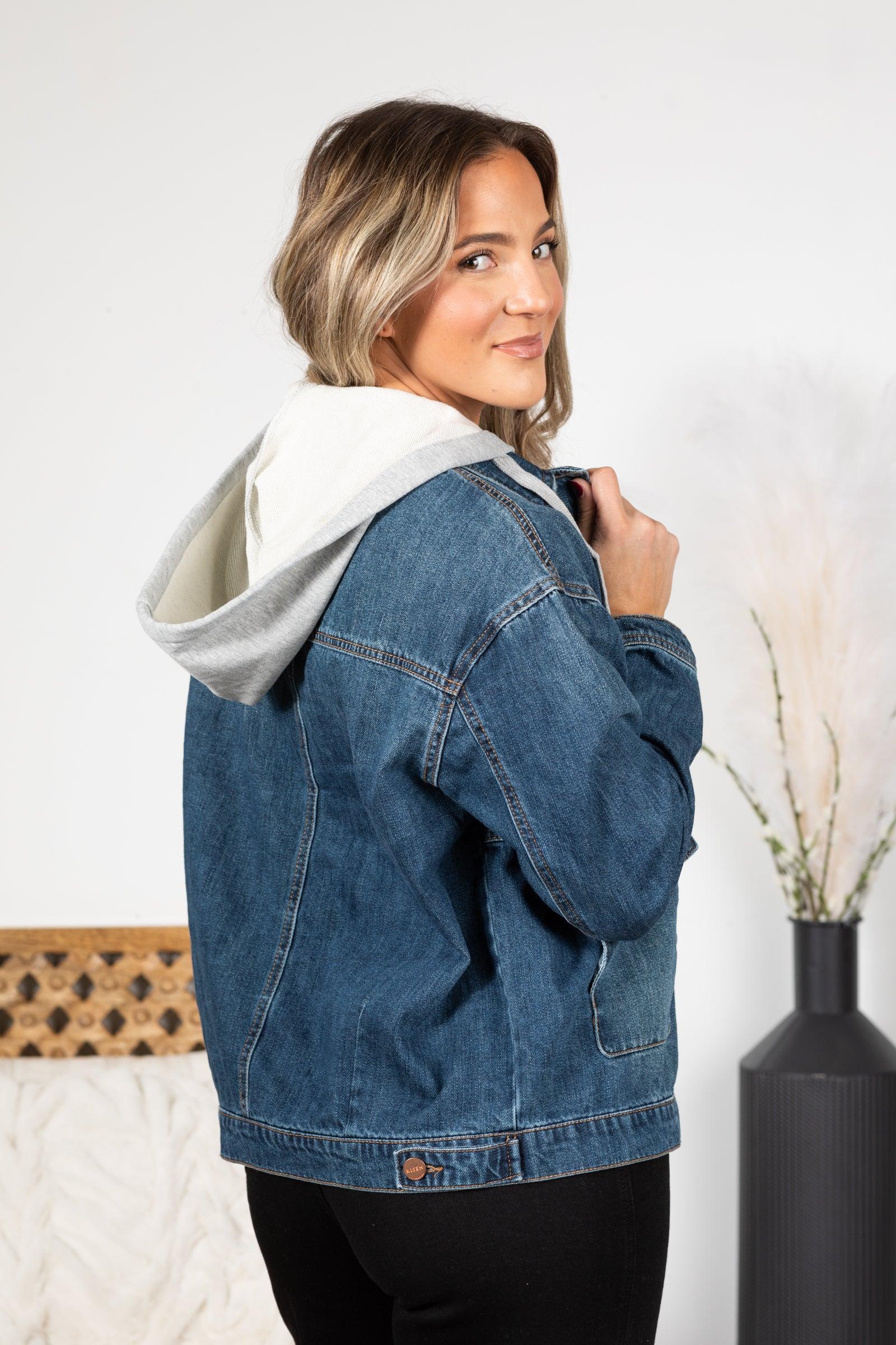 Risen Dark Wash Oversized Hoodie Denim Jacket Product Image