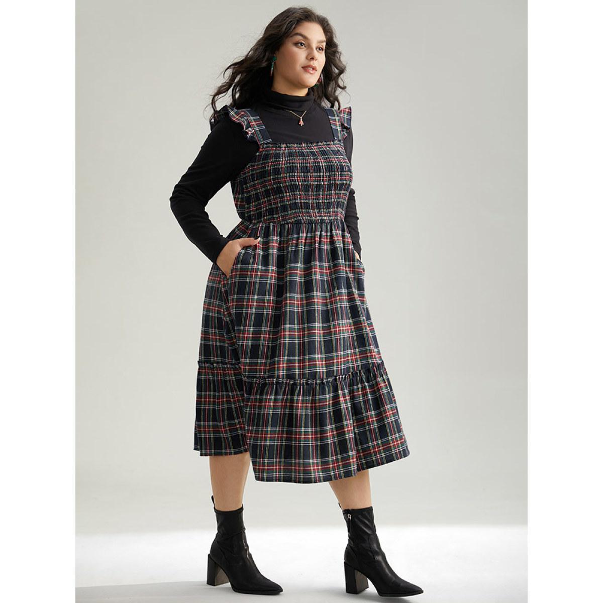 Plus Size Plaid Ruffle Trim Shirred Spaghetti Strap Dress Indigo Women Casual Printed Spaghetti Strap Sleeveless Curvy Midi Dress BloomChic 10/M Product Image
