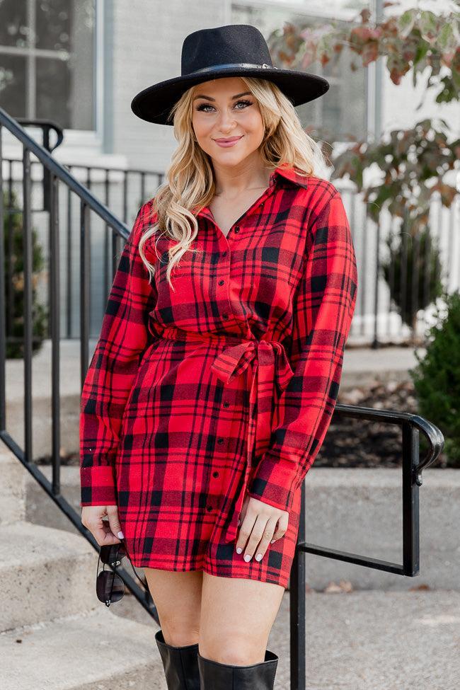 So Plaid You're Mine Red and Black Plaid Collared Button Up Belted Mini Dress FINAL SALE Product Image