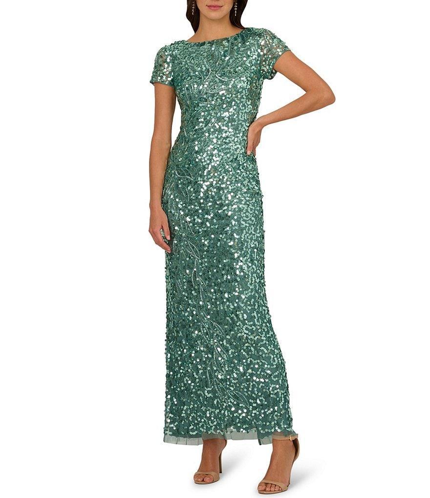 Adrianna Papell Crew Neck Short Sleeve Beaded Sequin Mesh Column Gown Product Image