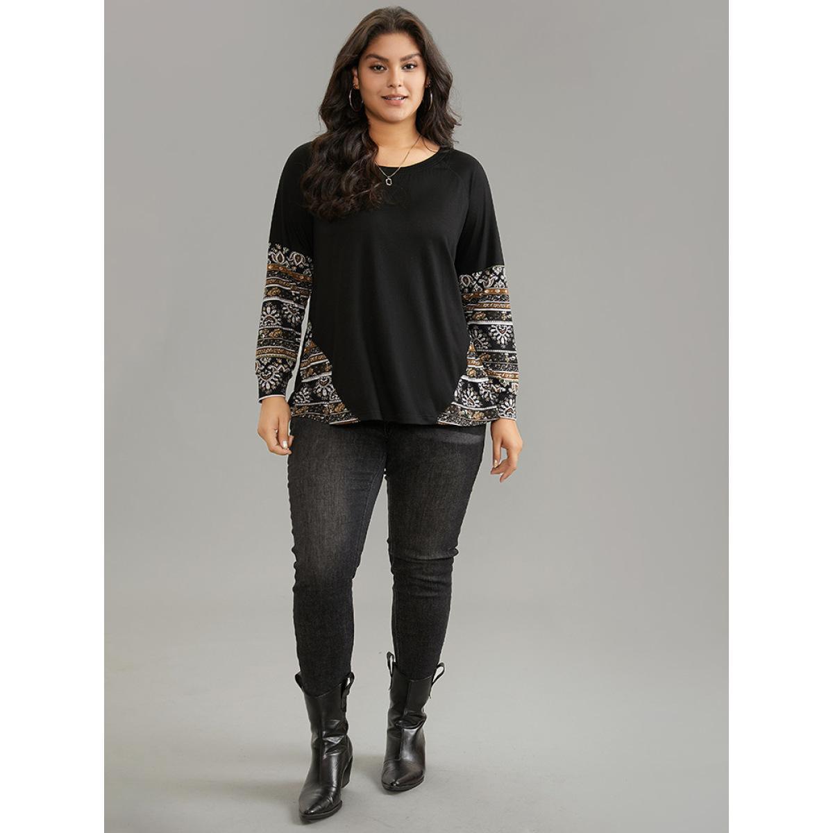 Plus Size Bandana Print Patchwork Raglan Sleeve T-shirt Black Women Casual Contrast Bohemian Print Round Neck Dailywear T-shirts BloomChic 30/6X Product Image