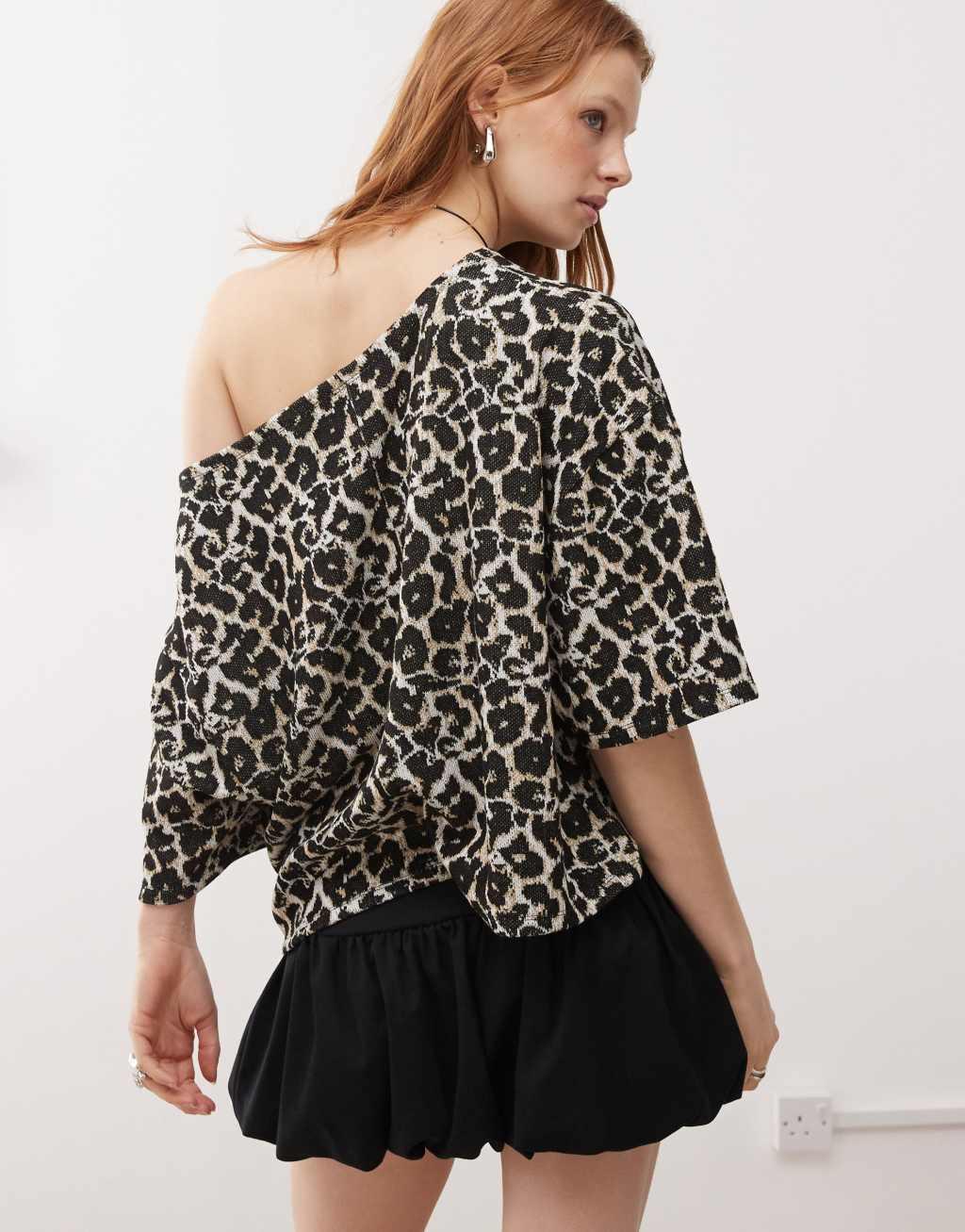 ASOS DESIGN off shoulder short sleeve jacquard t-shirt in leopard Product Image