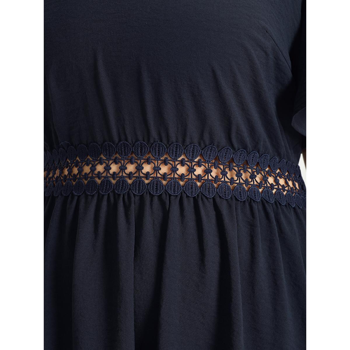 Plus Size Solid V Neck Eyelet Lace Split Sleeve Midi Dress DarkBlue Women Patchwork V-neck Short sleeve Curvy Midi Dress BloomChic 28/5X Product Image
